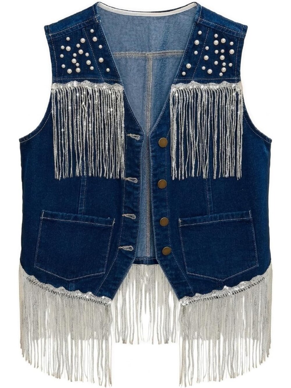 Women's Dark Blue Denim Fringe Top Western Cowgirl Pearl Cropped Jean Vest